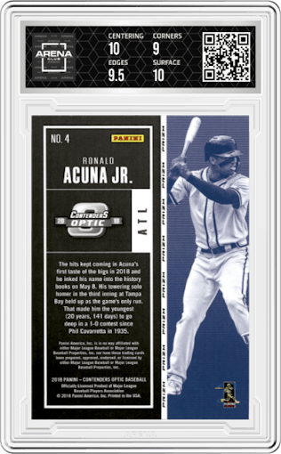 Ronald Acuna Jr. from the 2018 Panini Chronicles set featuring a Holo parallel graded by Arena Club and given an overall grade of 9.5.