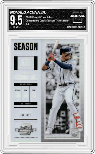 Ronald Acuna Jr. from the 2018 Panini Chronicles set featuring a Holo parallel graded by Arena Club and given an overall grade of 9.5.