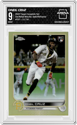 Oneil Cruz from the 2022 Topps Complete Factory Set set featuring a Gold Refractor parallel graded by Arena Club and given an overall grade of 9.