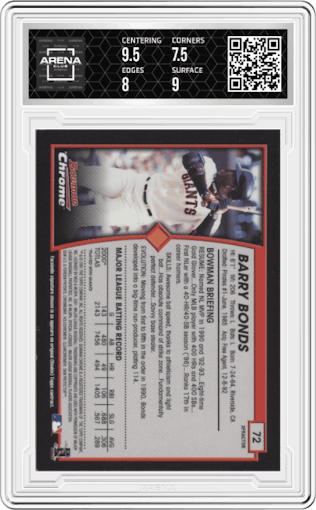 Barry Bonds from the 2001 Bowman Chrome set featuring a X-Fractor parallel graded by Arena Club and given an overall grade of 8.