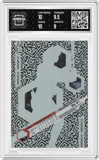 Ronald Acuna from the 2018 Bowman High Tek set featuring a Pattern 3 Jagged Maze parallel graded by Arena Club and given an overall grade of 9.5.