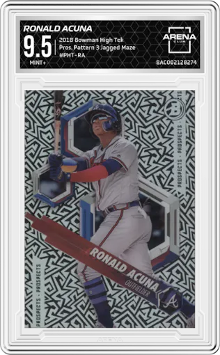 Ronald Acuna from the 2018 Bowman High Tek set featuring a Pattern 3 Jagged Maze parallel graded by Arena Club and given an overall grade of 9.5.
