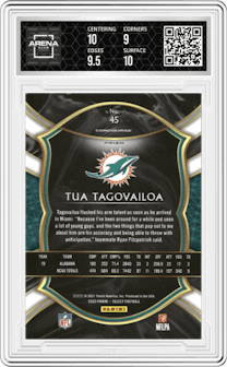 Tua Tagovailoa from the 2020 Panini Select set featuring a Silver Prizm parallel graded by Arena Club and given an overall grade of 9.5.