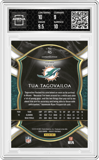 Tua Tagovailoa from the 2020 Panini Select set featuring a Silver Prizm parallel graded by Arena Club and given an overall grade of 9.5.