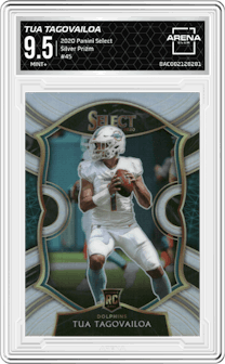 Tua Tagovailoa from the 2020 Panini Select set featuring a Silver Prizm parallel graded by Arena Club and given an overall grade of 9.5.