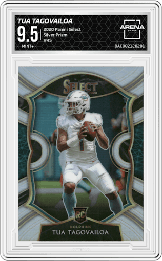 Tua Tagovailoa from the 2020 Panini Select set featuring a Silver Prizm parallel graded by Arena Club and given an overall grade of 9.5.