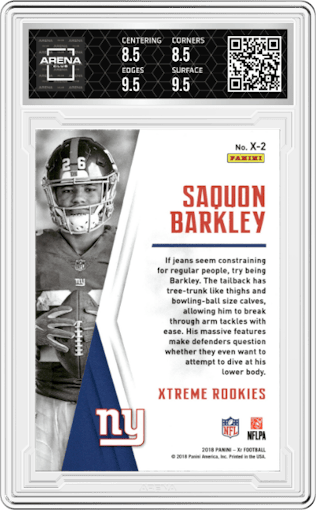 Saquon Barkley from the 2018 Panini XR set graded by Arena Club and given an overall grade of 9.