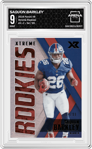 Saquon Barkley from the 2018 Panini XR set graded by Arena Club and given an overall grade of 9.