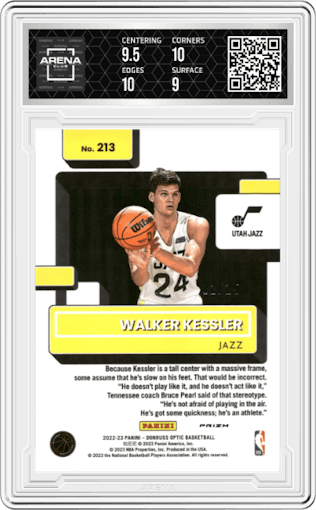Walker Kessler from the 2022-23 Panini Donruss Optic  set featuring a Fast Break Pink parallel graded by Arena Club and given an overall grade of 9.5.