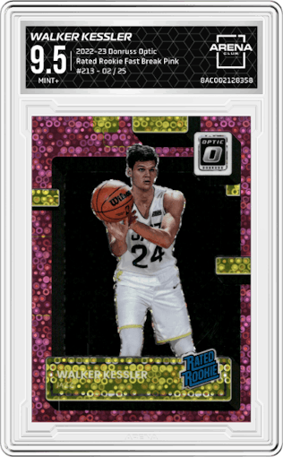 Walker Kessler from the 2022-23 Panini Donruss Optic  set featuring a Fast Break Pink parallel graded by Arena Club and given an overall grade of 9.5.