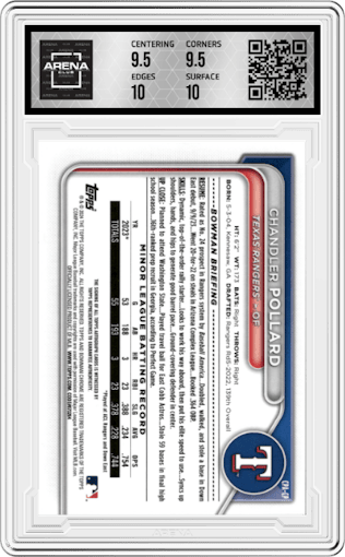 Chandler Pollard from the 2024 Bowman set featuring a Green Grass Refractor parallel graded by Arena Club and given an overall grade of 10.