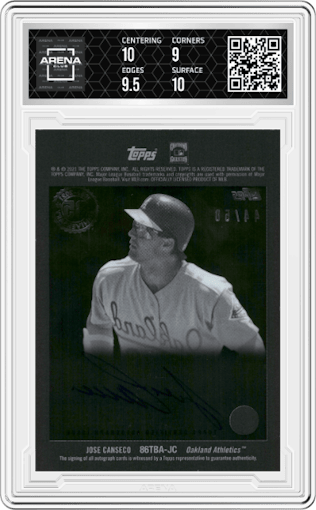 Jose Canseco from the 2021 Topps Clearly Authentic set featuring a Red parallel graded by Arena Club and given an overall grade of 9.5.