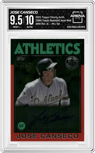 Jose Canseco from the 2021 Topps Clearly Authentic set featuring a Red parallel graded by Arena Club and given an overall grade of 9.5.