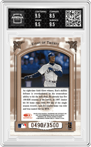 Ken Griffey Jr. from the 1998 Leaf  set graded by Arena Club and given an overall grade of 9.