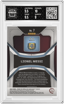 Lionel Messi from the 2022 Panini Prizm FIFA WC Qatar set graded by Arena Club and given an overall grade of 9.5.