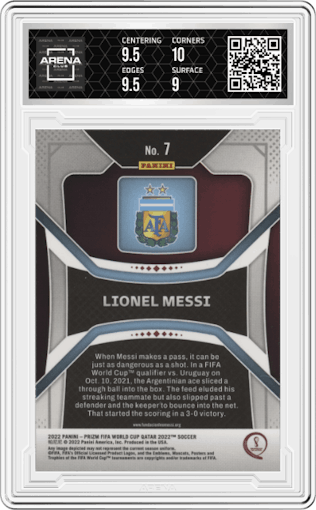 Lionel Messi from the 2022 Panini Prizm FIFA WC Qatar set graded by Arena Club and given an overall grade of 9.5.