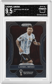 Lionel Messi from the 2022 Panini Prizm FIFA WC Qatar set graded by Arena Club and given an overall grade of 9.5.
