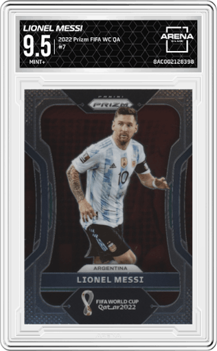 Lionel Messi from the 2022 Panini Prizm FIFA WC Qatar set graded by Arena Club and given an overall grade of 9.5.