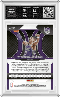 Tyrese Haliburton from the 2020-21 Panini Prizm set graded by Arena Club and given an overall grade of 9.5.