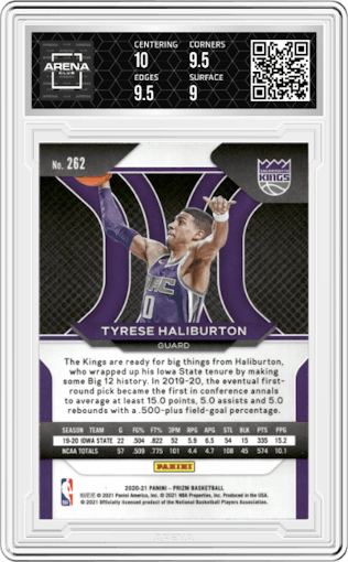 Tyrese Haliburton from the 2020-21 Panini Prizm set graded by Arena Club and given an overall grade of 9.5.