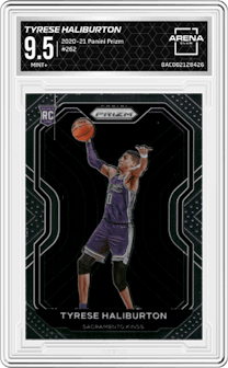 Tyrese Haliburton from the 2020-21 Panini Prizm set graded by Arena Club and given an overall grade of 9.5.