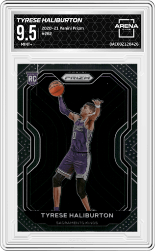 Tyrese Haliburton from the 2020-21 Panini Prizm set graded by Arena Club and given an overall grade of 9.5.