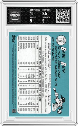 Babe Ruth from the 2023 Topps Archives set graded by Arena Club and given an overall grade of 9.