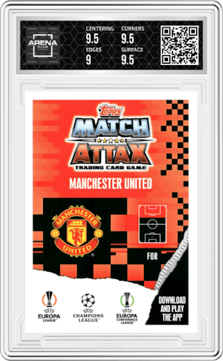 Alejandro Garnacho from the 2023-24 Topps Match Attax UEFA Club Competitions set graded by Arena Club and given an overall grade of 9.5.