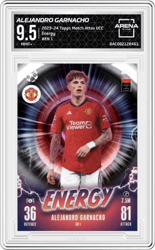 Alejandro Garnacho from the 2023-24 Topps Match Attax UEFA Club Competitions set graded by Arena Club and given an overall grade of 9.5.