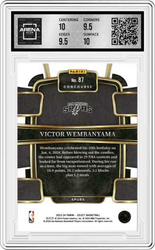 Victor Wembanyama from the 2023-24 Panini Select  set featuring a Blue Retail parallel graded by Arena Club and given an overall grade of 10.