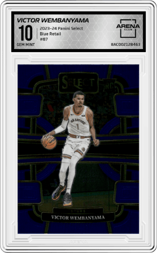 Victor Wembanyama from the 2023-24 Panini Select  set featuring a Blue Retail parallel graded by Arena Club and given an overall grade of 10.