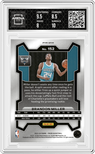 Brandon Miller from the 2023-24 Panini Prizm set featuring a Red White Blue Prizm parallel graded by Arena Club and given an overall grade of 8.5.