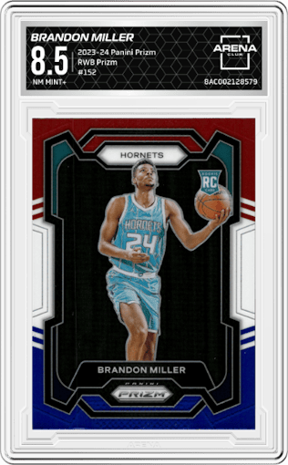 Brandon Miller from the 2023-24 Panini Prizm set featuring a Red White Blue Prizm parallel graded by Arena Club and given an overall grade of 8.5.
