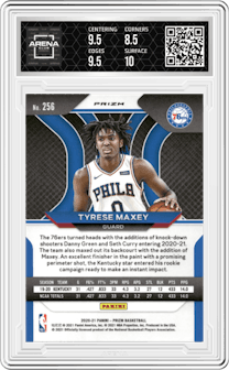 Tyrese Maxey from the 2020-21 Panini Prizm set featuring a Silver Prizm parallel graded by Arena Club and given an overall grade of 9.