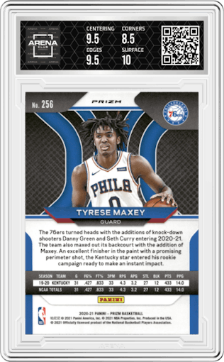 Tyrese Maxey from the 2020-21 Panini Prizm set featuring a Silver Prizm parallel graded by Arena Club and given an overall grade of 9.