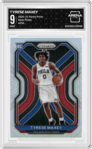 Tyrese Maxey from the 2020-21 Panini Prizm set featuring a Silver Prizm parallel graded by Arena Club and given an overall grade of 9.