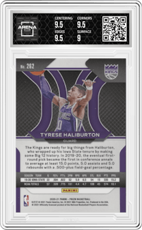 Tyrese Haliburton from the 2020-21 Panini Prizm set graded by Arena Club and given an overall grade of 9.5.