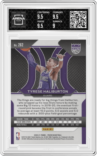 Tyrese Haliburton from the 2020-21 Panini Prizm set graded by Arena Club and given an overall grade of 9.5.