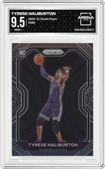 Tyrese Haliburton from the 2020-21 Panini Prizm set graded by Arena Club and given an overall grade of 9.5.
