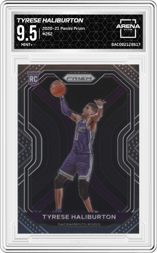 Tyrese Haliburton from the 2020-21 Panini Prizm set graded by Arena Club and given an overall grade of 9.5.