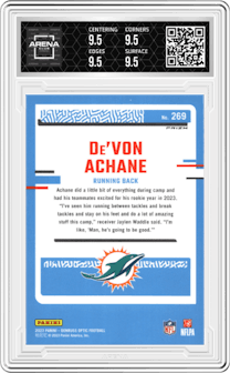 De Von Achane from the 2023 Donruss Optic set featuring a Holo parallel graded by Arena Club and given an overall grade of 9.5.