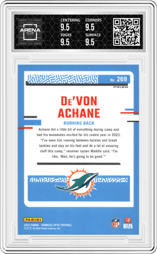 De Von Achane from the 2023 Donruss Optic set featuring a Holo parallel graded by Arena Club and given an overall grade of 9.5.