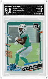 De Von Achane from the 2023 Donruss Optic set featuring a Holo parallel graded by Arena Club and given an overall grade of 9.5.
