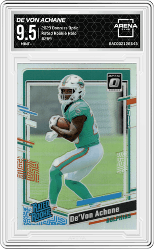 De Von Achane from the 2023 Donruss Optic set featuring a Holo parallel graded by Arena Club and given an overall grade of 9.5.