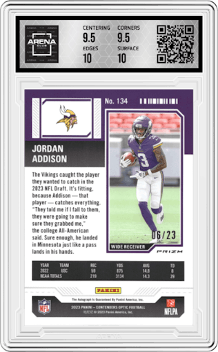 Jordan Addison from the 2023 Panini Zenith set featuring a Green parallel graded by Arena Club and given an overall grade of 10.