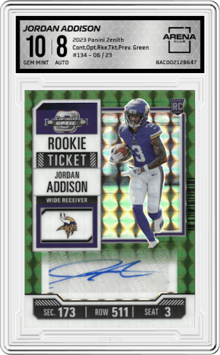 Jordan Addison from the 2023 Panini Zenith set featuring a Green parallel graded by Arena Club and given an overall grade of 10.