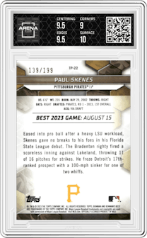 Paul Skenes from the 2023 Bowman's Best set featuring a Aqua Lava parallel graded by Arena Club and given an overall grade of 9.5.
