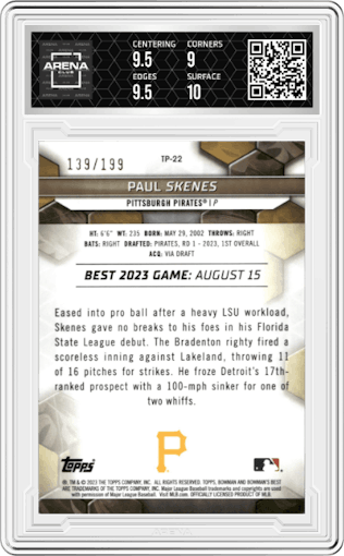 Paul Skenes from the 2023 Bowman's Best set featuring a Aqua Lava parallel graded by Arena Club and given an overall grade of 9.5.