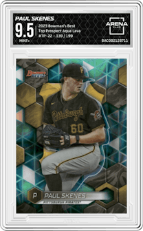 Paul Skenes from the 2023 Bowman's Best set featuring a Aqua Lava parallel graded by Arena Club and given an overall grade of 9.5.