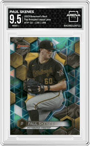 Paul Skenes from the 2023 Bowman's Best set featuring a Aqua Lava parallel graded by Arena Club and given an overall grade of 9.5.